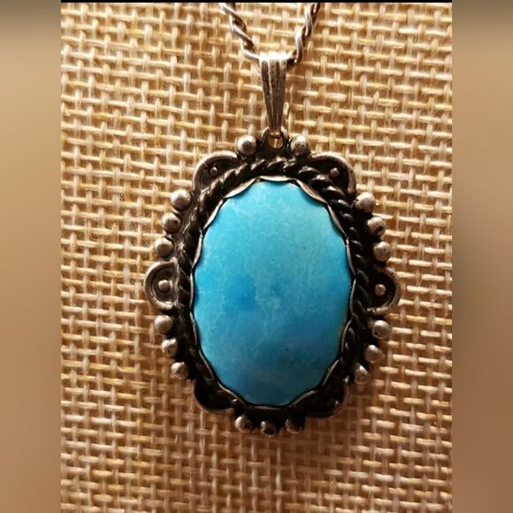 Sterling Silver Necklace Vintage With Turquoise 20" Long Pendant 1.43" - Picture 1 of 6